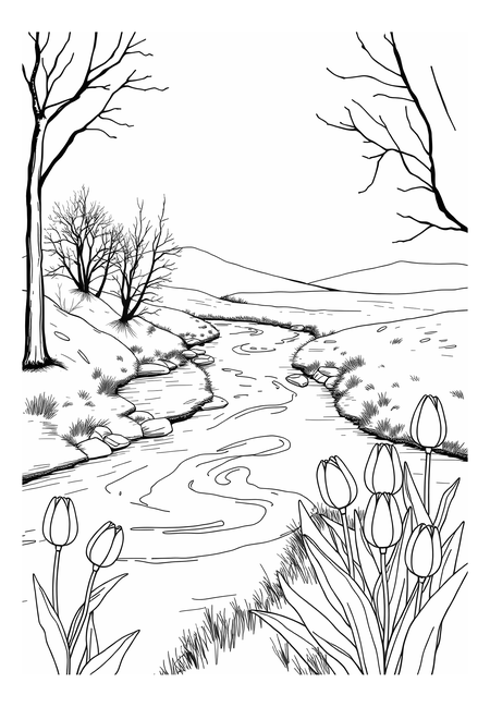 Pohled na řeku a tulipány na břehu