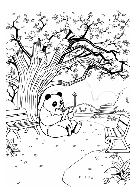 Panda čtoucí knihu v parku