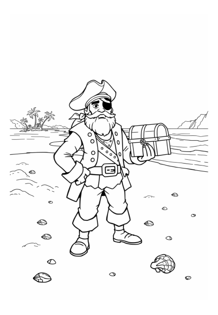 Pirát na pláži s pokladem
