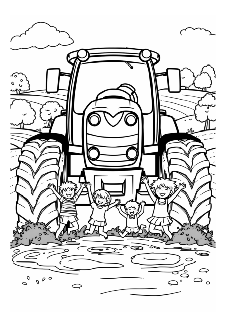 Obří traktor a děti skáčou v blátě