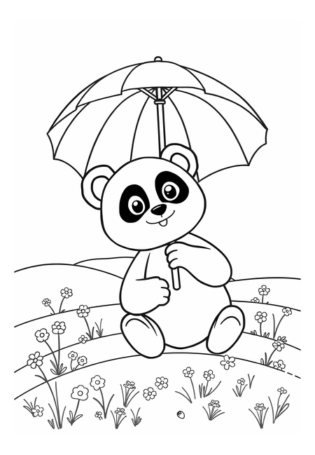 Panda s deštníkem na slunečné louce