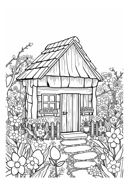 Idylická chaloupka s rozkvetlými jarními květinami