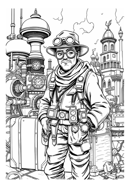 Cestovatel s kufrem a steampunk vybavením