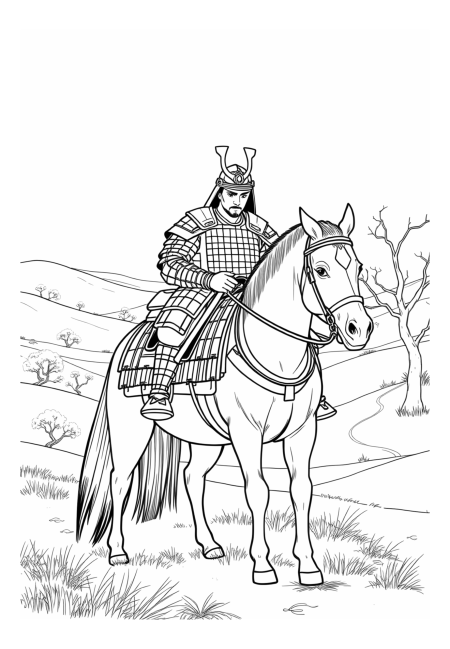 Samuraj a jeho koně v klidné krajině