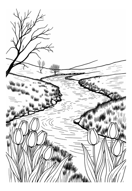 Krásný výhled: řeka a rozkvetlé tulipány na břehu